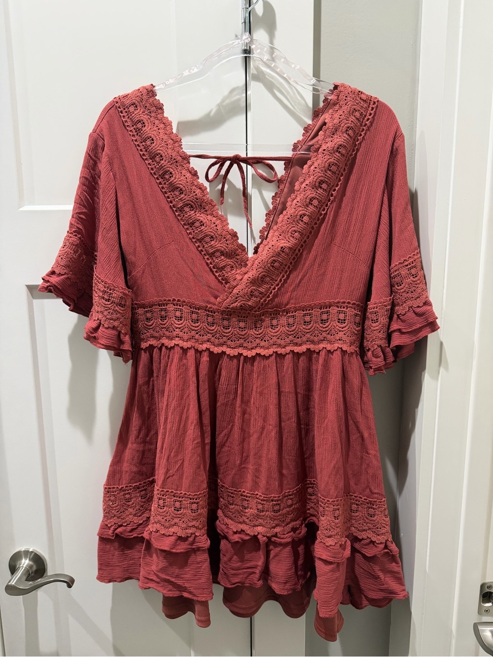 Fashion Nova Crochet Mini Dress Marsala Boho Ruffle Tie Back